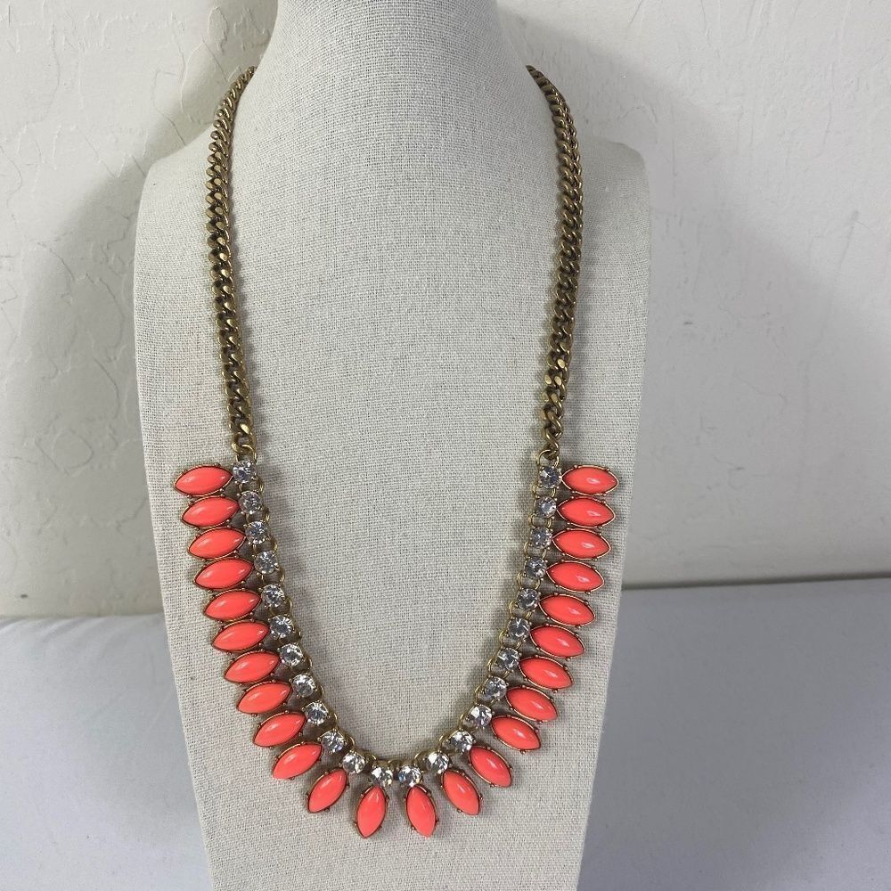 J CREW Bright Orange Tear drop w/ Clear Rhinestones , brass chain